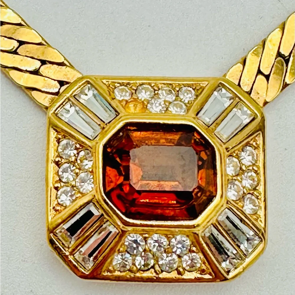 Vintage Dior Gold Necklace Amber Rhinestone Chain 80s 90s - Picture 3 of 9